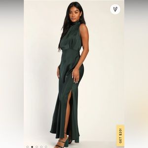 Classic Elegance Green Satin Sleeveless Mock Neck Maxi Dress
